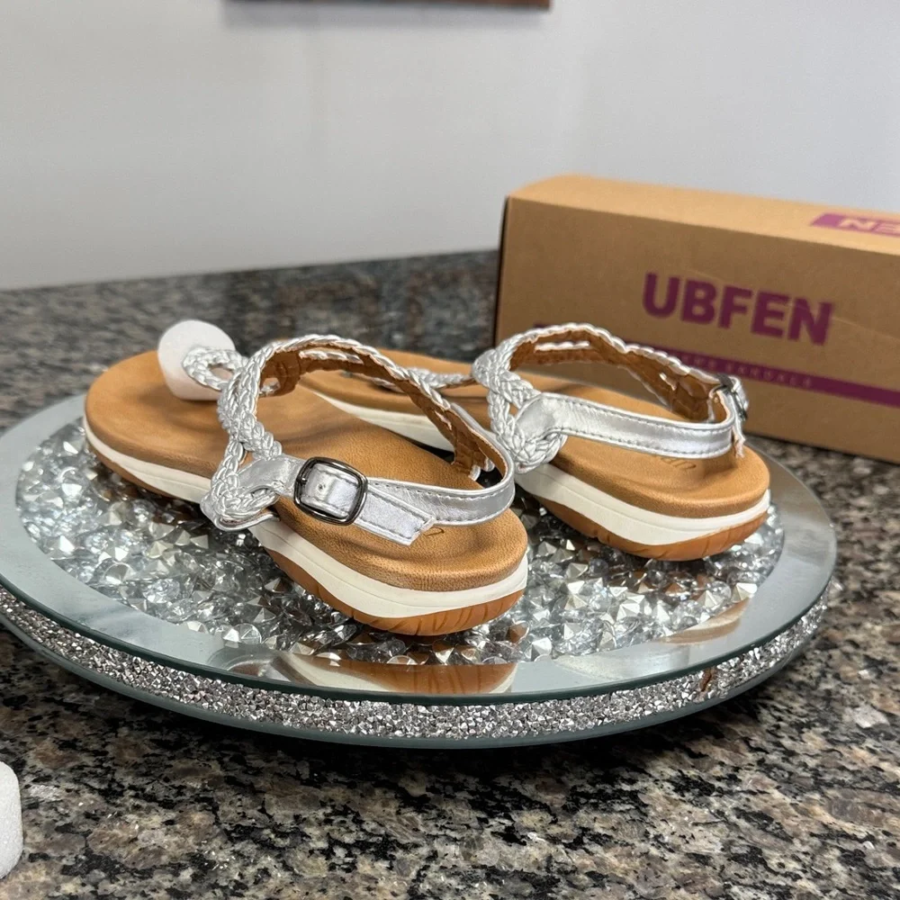 UBFEN metallic silver and Tan Braided Sandals NEW 10